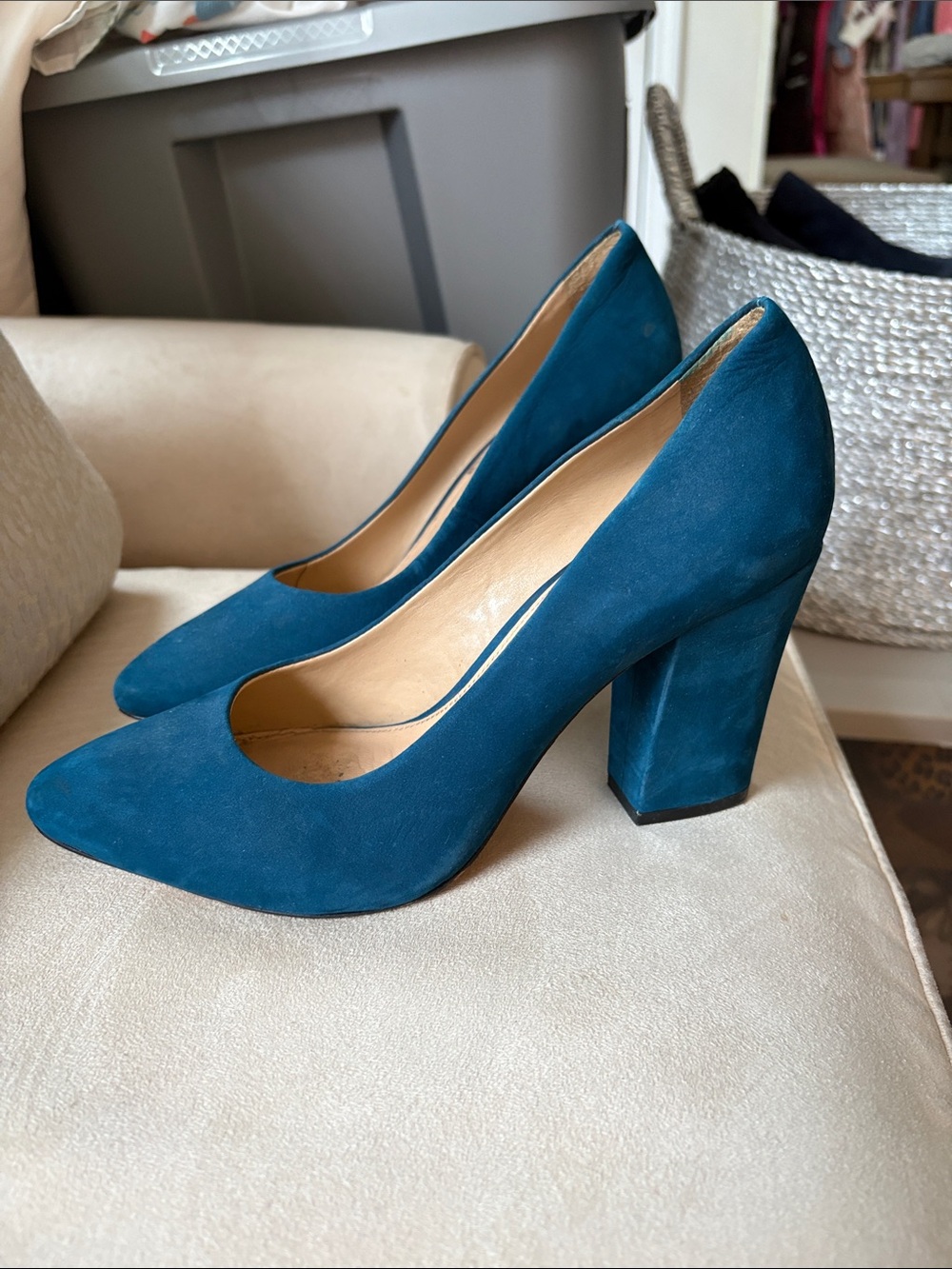 ANTONIO MELANI Teal Suede Block Heel Pumps